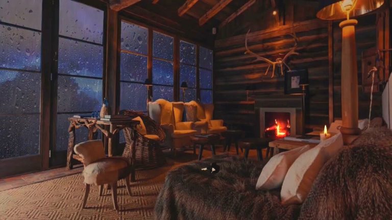 Cozy Cabin Ambience - Rain And Fireplace Sounds At Night 8 Hours For Sleeping Reading Relaxation