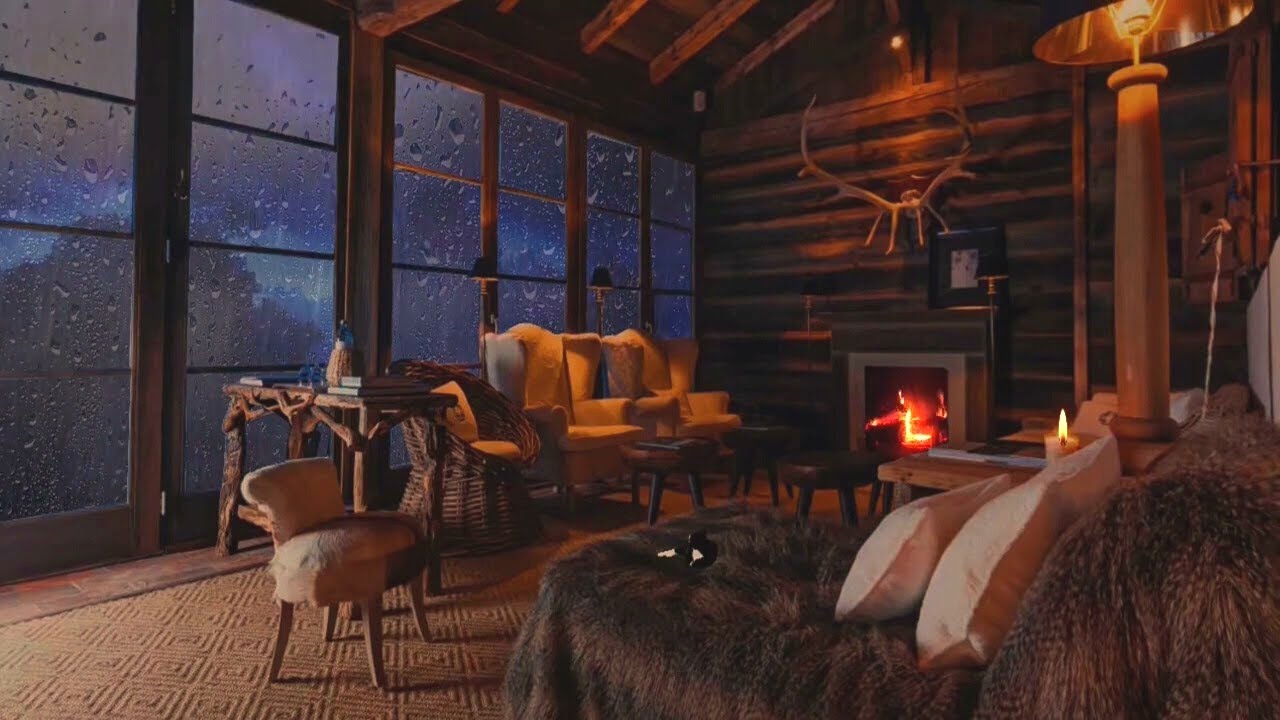 Cozy Cabin Ambience - Rain And Fireplace Sounds At Night 8 Hours For Sleeping Reading Relaxation